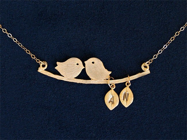 Personalized Necklace - Gold Lovebirds Necklace - 14K Gold Filled Chain - Personalized Jewelry - Initial Stamp