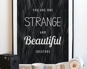 Strange & Beautiful 8x10 Print. Charming Typography Poster. Cute Quote Art Print. Black and White Art Poster.