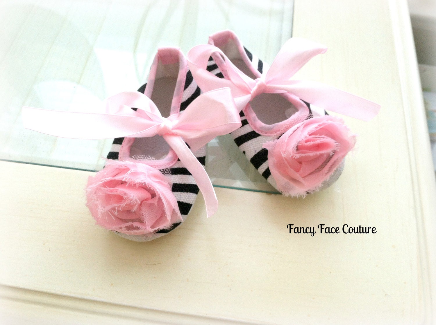 Baby Girl Soft Sole Crib Shoes Black and White Zebra Print Non Skid with Soft Ballet Pink Rosettes Newborn-Infant-Children Baby Shower Gift