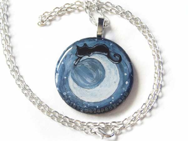 Black Cat Pendant Necklace, Crescent Moon Jewelry, Painted Pendant, Art Resin Necklace Charm
