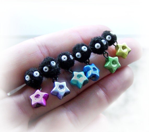 Soot ball earrings, soot sprites, Spirited Away inspired geek jewelry
