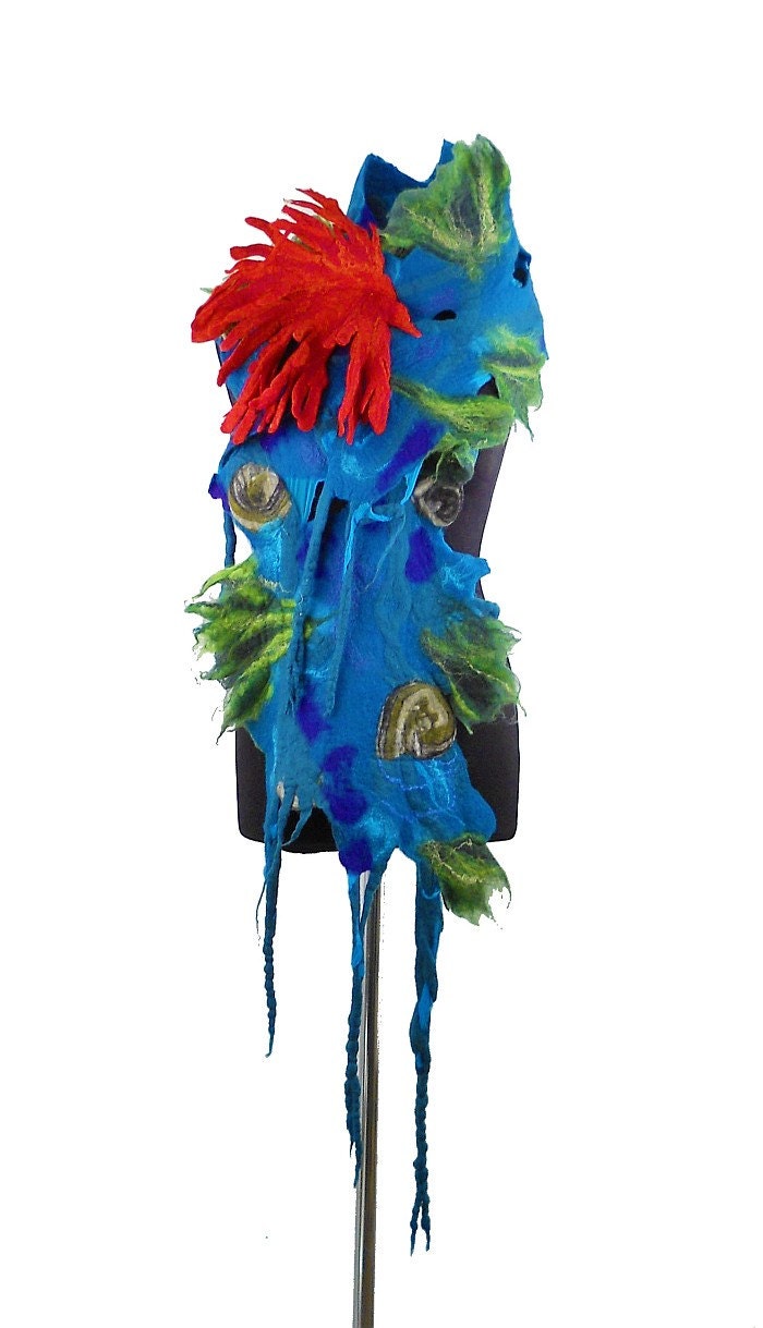 Turquoise Scarf Felted Scarf Nunofelt Scarf WATERWORLD with red Brooch Long Wrap wearable art