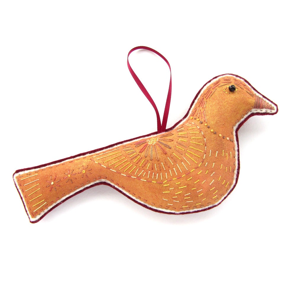 Bird Christmas Ornament / Decoration - Large Orange Hand Stitched Bird