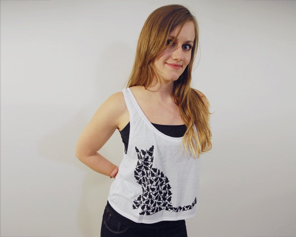 Womens Cat Tank, Screenprinted Tank Top, White, Cat Silhouettes