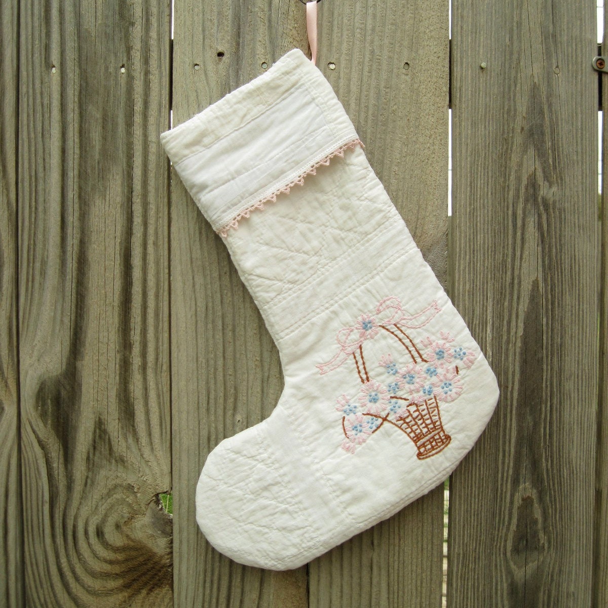 Christmas Stocking - Upcycled Vintage Quilt - Embroidered Stocking - Shabby Stocking