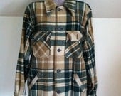Vintage 60s WOOLRICH PLAID COAT / Thick Wool Hunting Shirt / Green Cream and Tan / Mens Medium