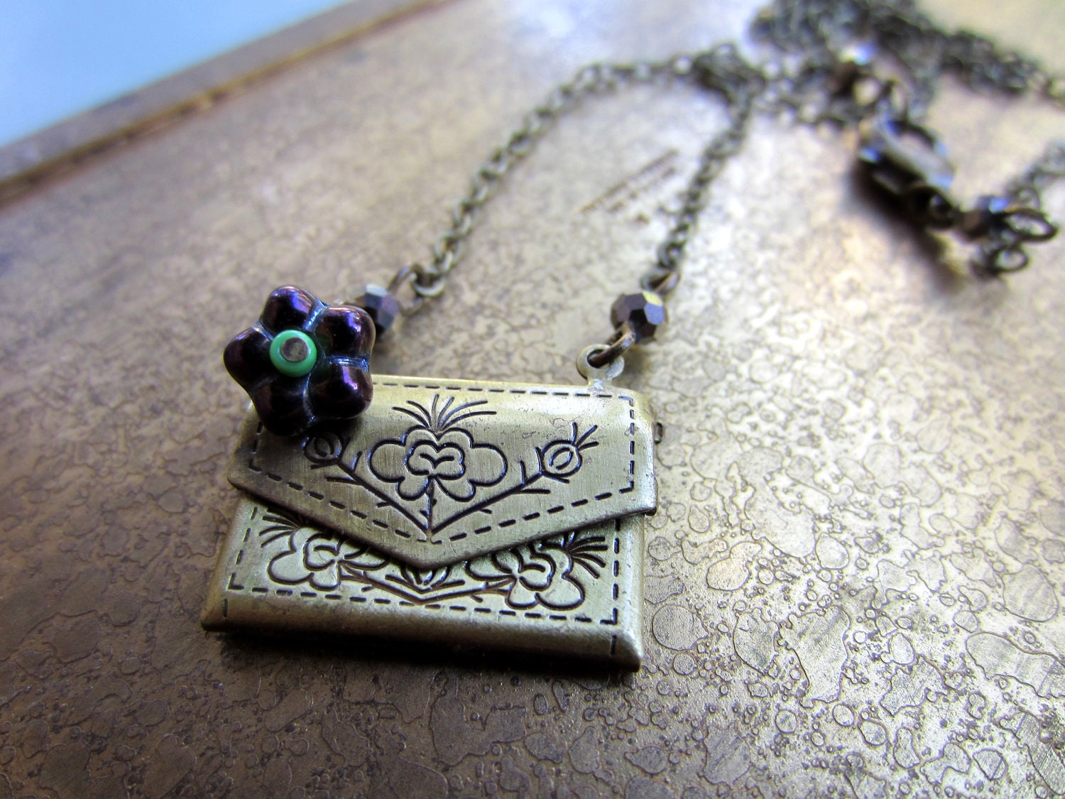 Envelope Locket Necklace, Romantic vintage style, brass locket envelope and flower bead
