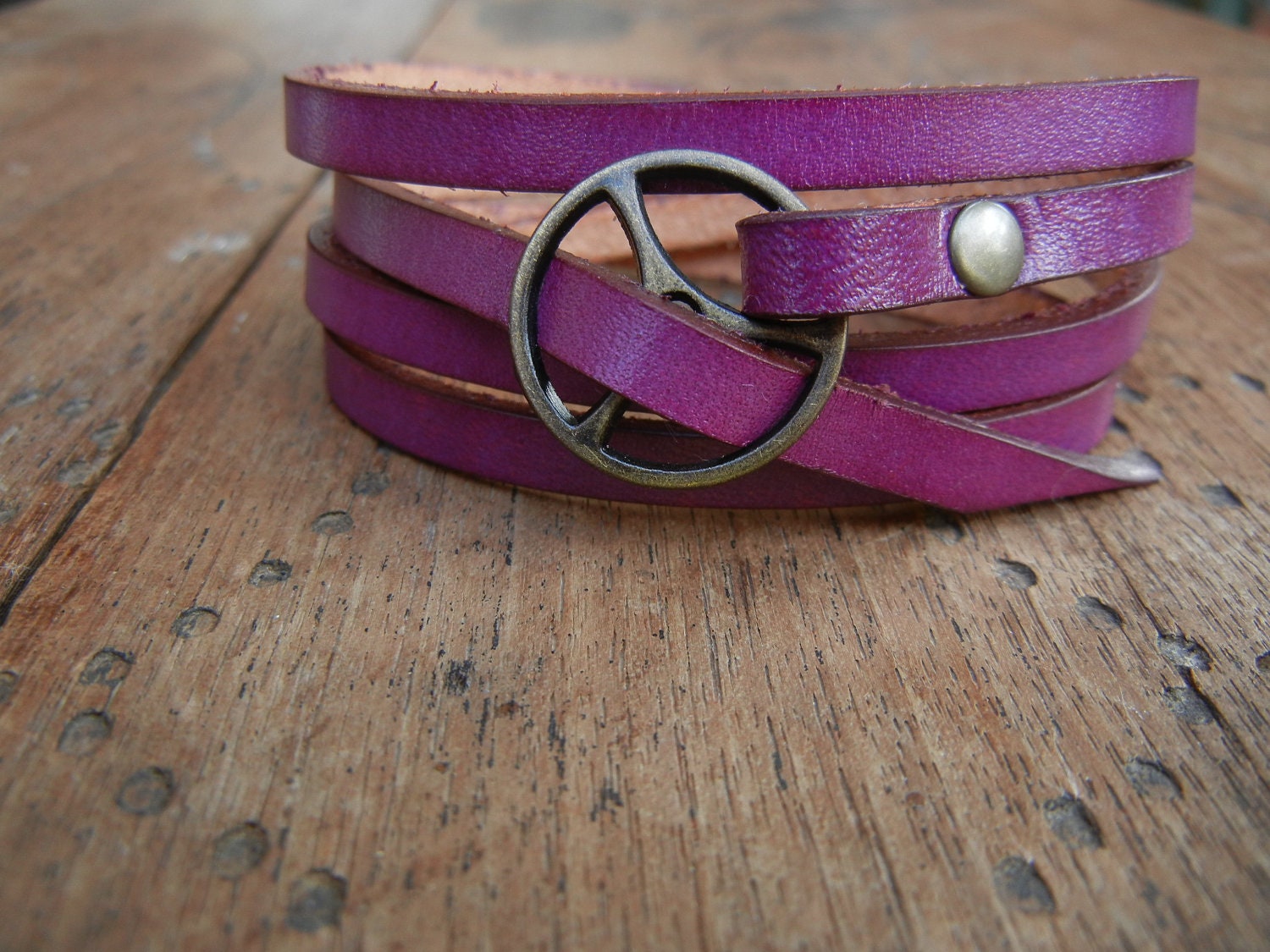 Leather Wrap Bracelet in Violet leather with Small Brass buckle