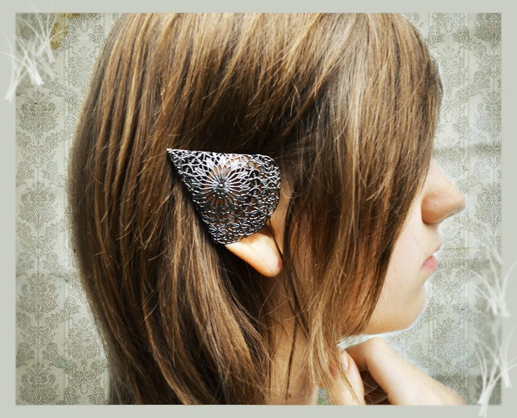 Dark Elf Ear Cuffs Ornate Black Pewter Filigree Elven Ear Tip Covers Two piece set Non  pierced No pierce