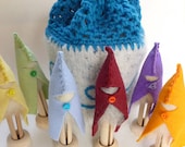 Clothes pin gnome set in felted wool bag