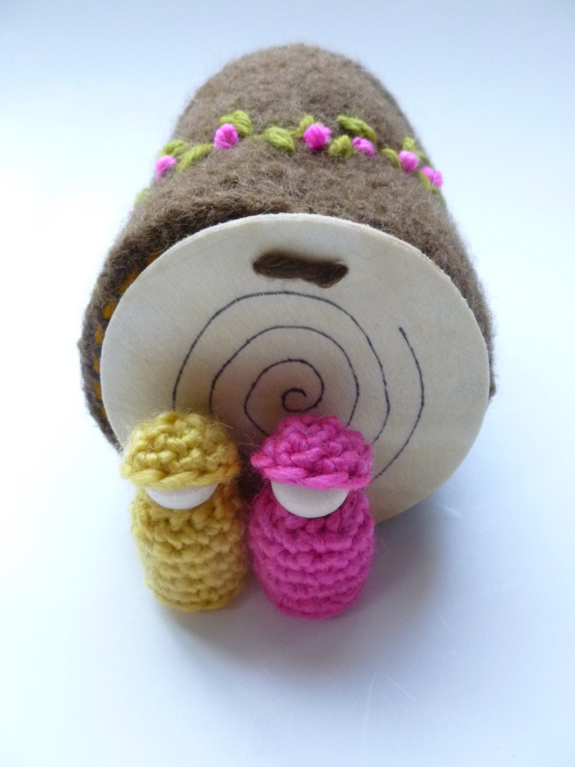 Felted wool log with wood peg dolls