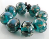 Deeper Waters Rounds - 8mmx12mm Handmade Lampwork Glass Beads - Teal, Blue, Grey - SRA (Set of 8 Beads)