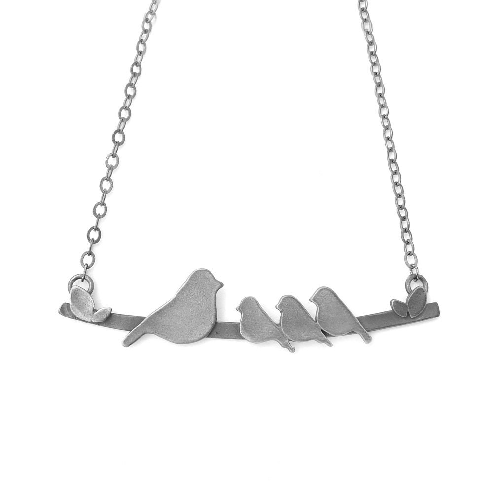 Nestling Bird Mother's Necklace with Momma & 3 Baby Birds: DARK GREY FINISH