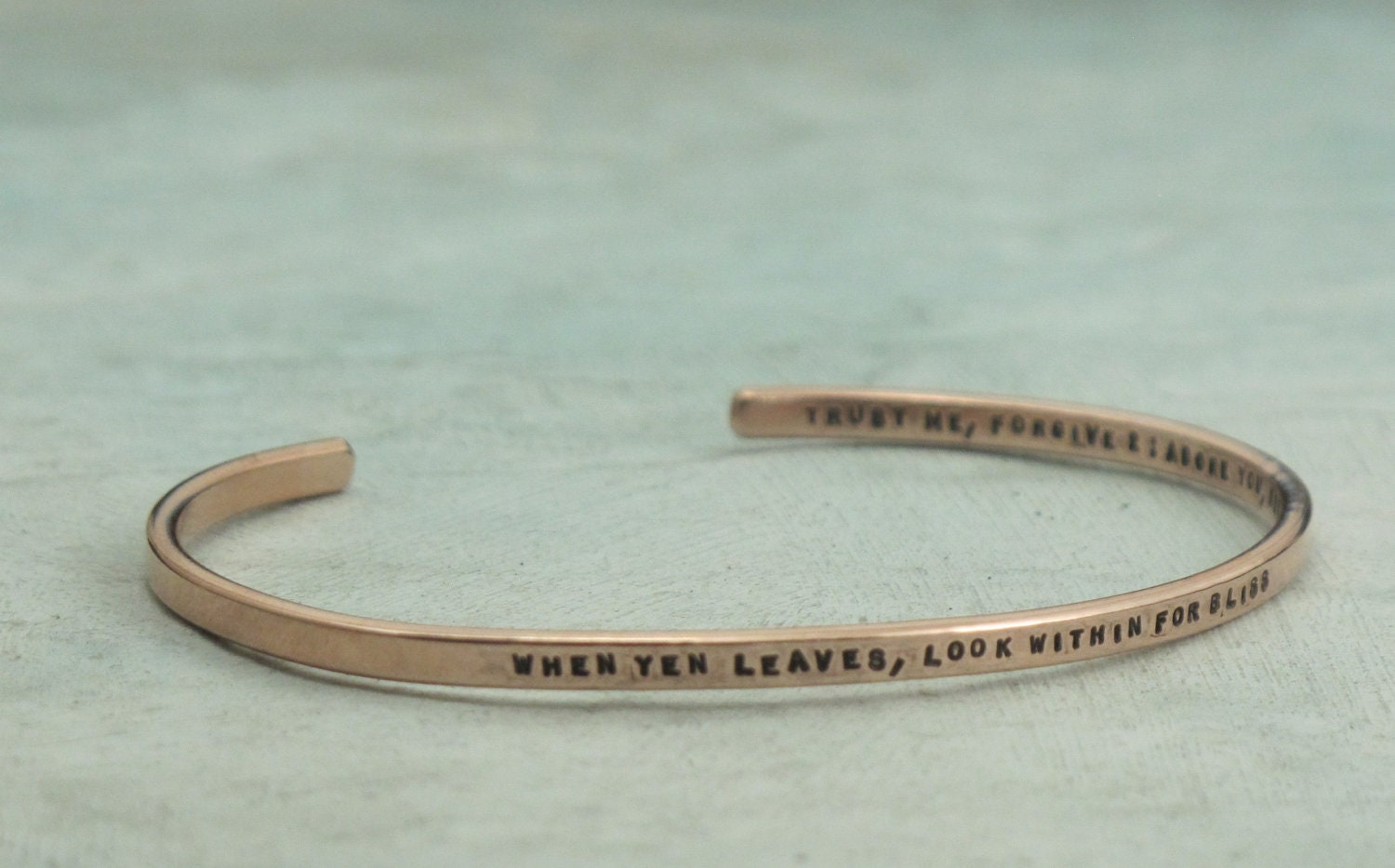 Copper Cuff Bracelet - custom made bracelet in copper with your chosen message - by Kathryn Riechert (tiny text)