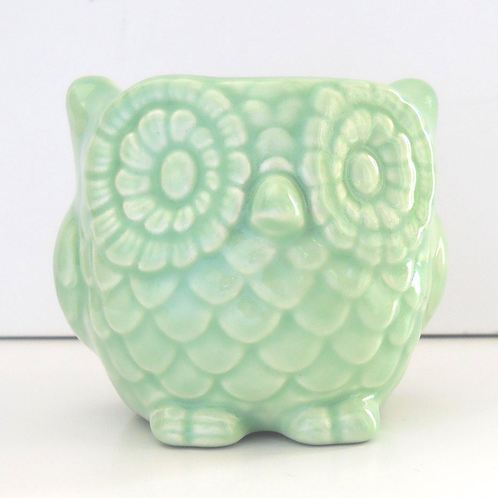 Ceramic Mini Owl Desk Planter Vintage Design in Celadon - fruitflypie