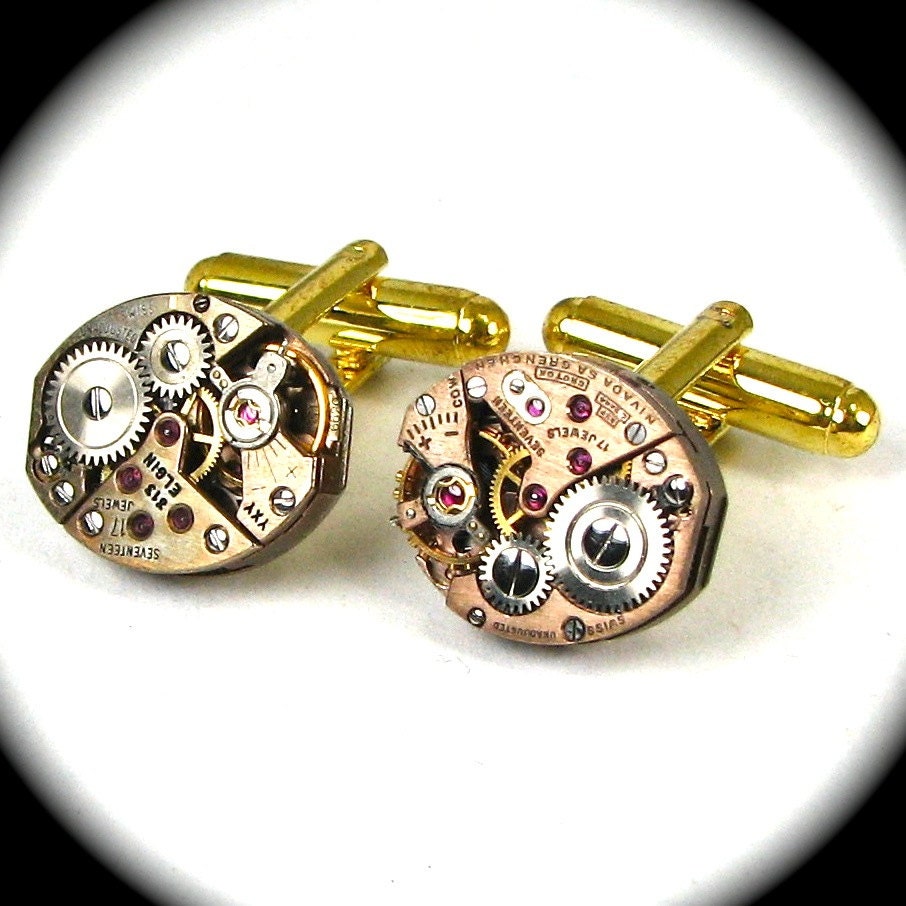 ROSE GOLD Steampunk Clockwork Cufflinks with Real Ruby Jewels Matched Petite Oval FEATURED in Mono Magazine