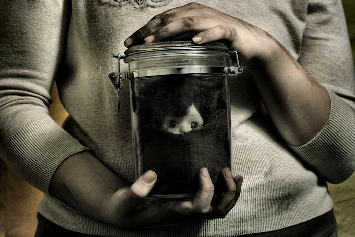 Girls And Their Dolls - FREE SHIPPING - Print Doll Head Glass Jar Dirt Buried Brown Cream Hands Girl Toy Creepy Surreal Photo Art