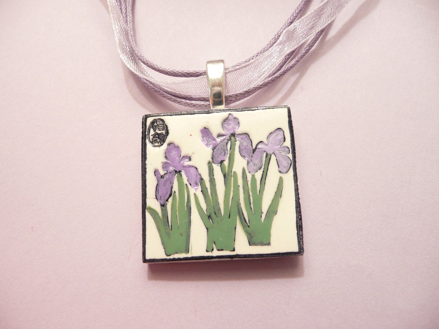 Flower Necklace Iris Handpainted Jewelry - handmade polymer clay