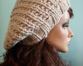 Slouchy Knit Hat, Beige Beret, Knit Slouch Hat, Pale Linen Tam, Beanie