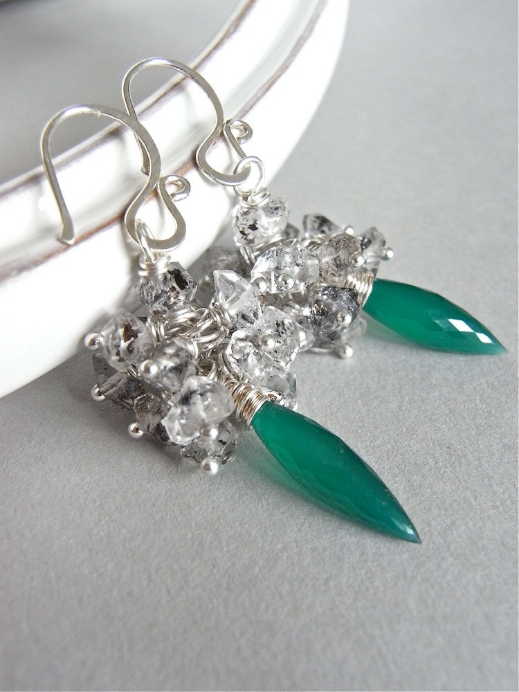 Earrings - green onyx, tourminilated quartz, sterling silver - Frozen Fir