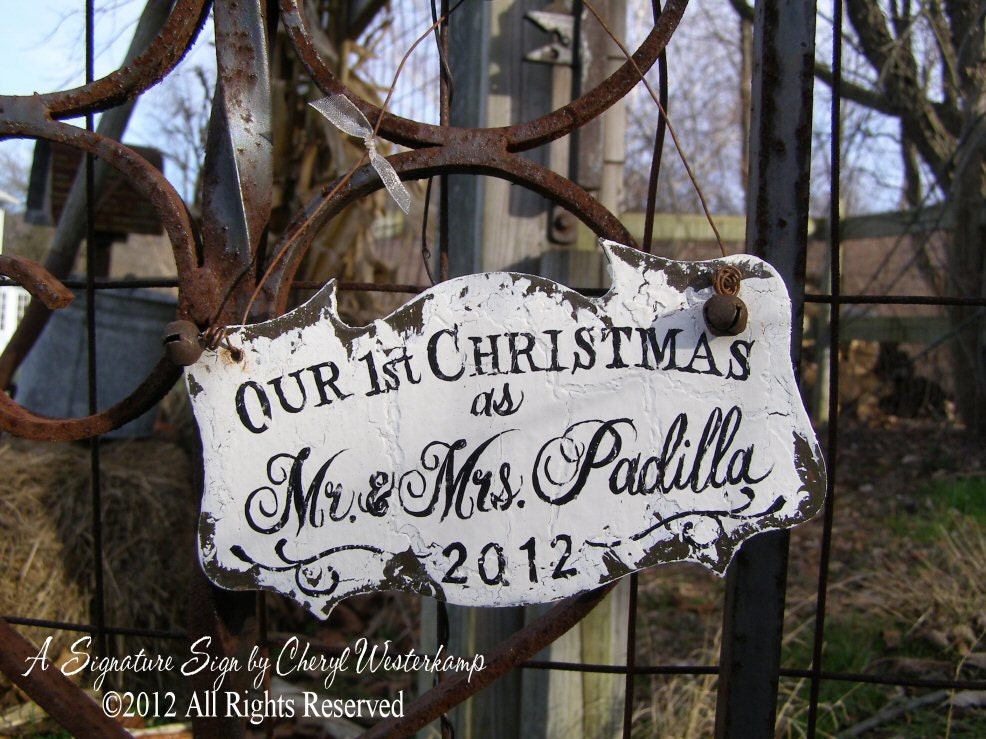 OUR 1st CHRISTMAS Ornament, PERSONALIZED Mr and Mrs Christmas Ornament, French Chic, Shabby Chic Christmas Ornament, Our First Christmas