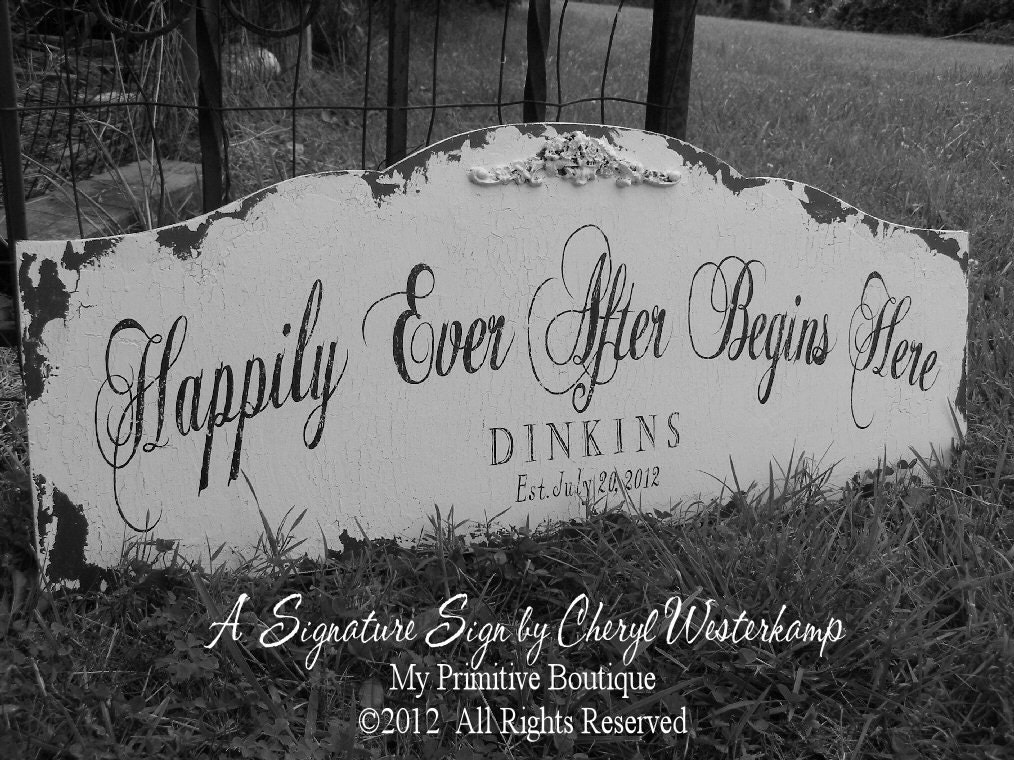 CUSTOM NAME SIGN, Personalized Name Sign, Vintage Wedding Sign, Happily Ever After Begins Here Sign