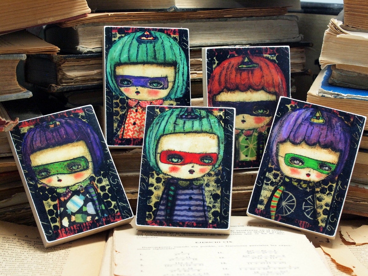 Trick Or Treat Kids - Halloween ACEO Giclee Collection Of Reproductions Mounted On Wood Block by Danita Art (2.5  x 3.5 Inches Print)