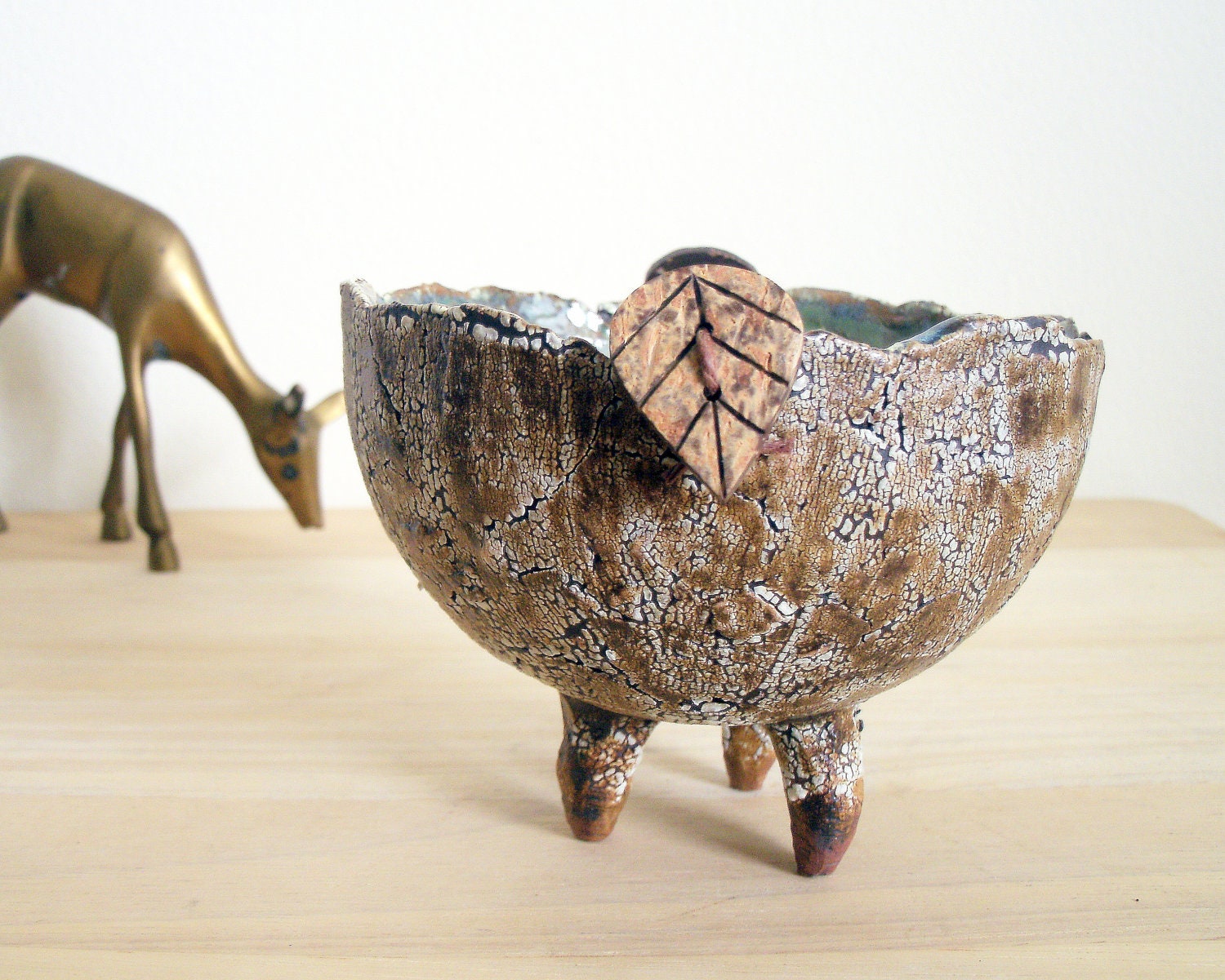 Tree Bark and Leaf Stoneware Art Bowl or Trinket Dish