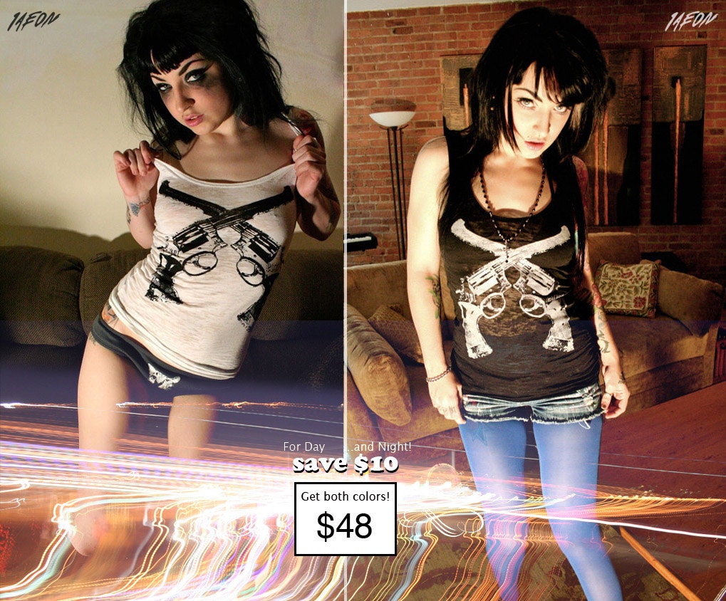 black tank, white tank, free shipping etsy, womens gun tank, womens tank top, 1AEON women's soft pistol tank top combo - Any same size S-XL
