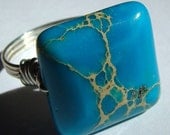 Aqua Blue Terra Jasper Square Gemstone Ring Wire Wrapped in Sterling Silver Ring Cocktail Ring Statement Ring