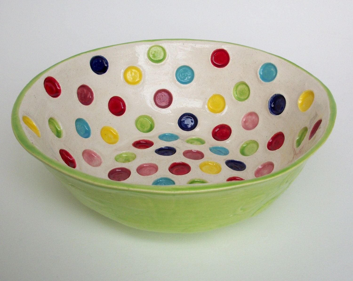 Large Handmade Ceramic Serving Bowl with Rainbow Circles