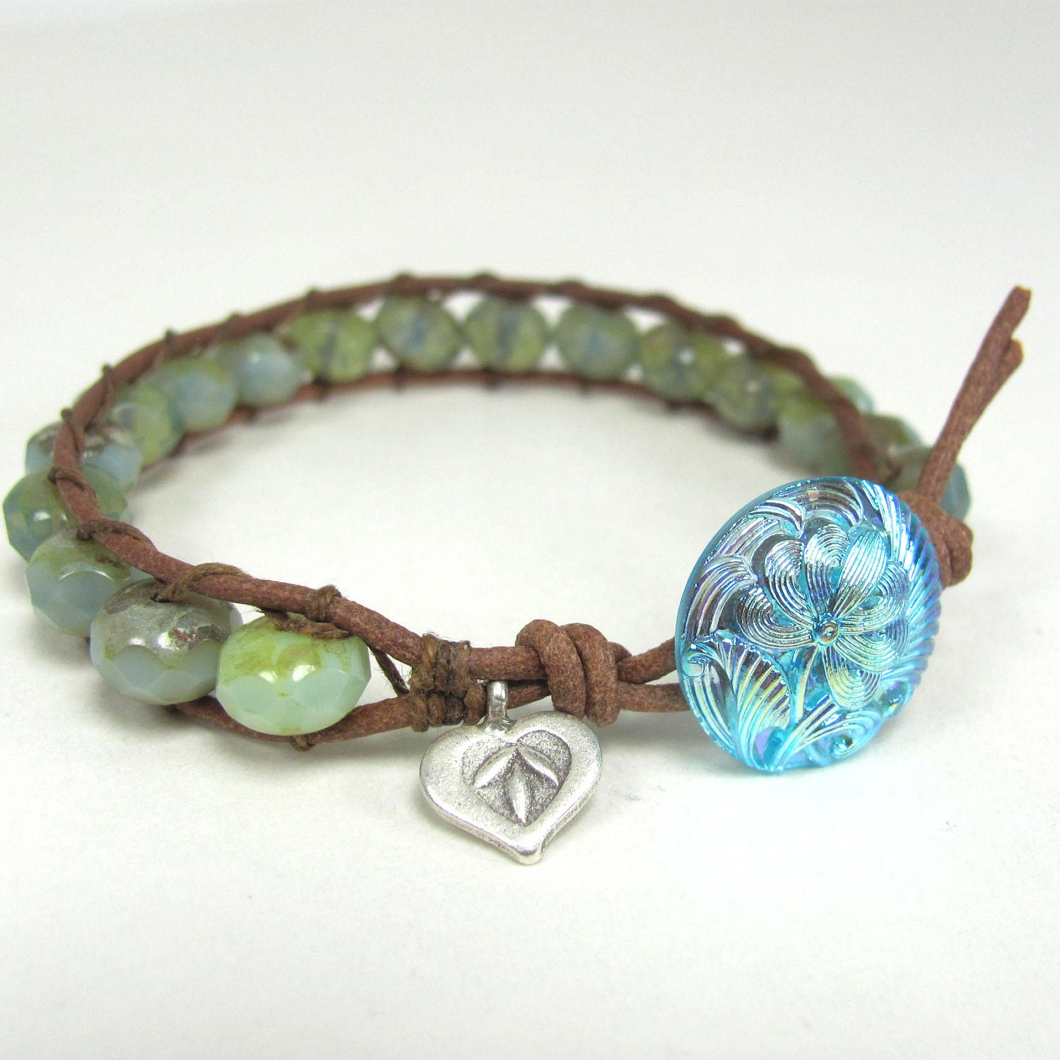 Brown leather, wrap, layer, Boho, Czech Glass, Hill Tribe Fine Silver, Bracelet