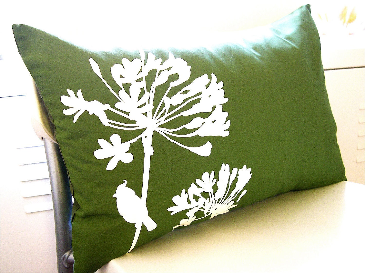 SALE Grass Green Cardinal on Agapanthus Rectangle Pillow