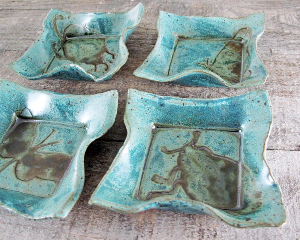 Beetles and Butterflies Tapas Plate Set - Wabi Sabi Pottery Snack Plate Set - Handmade Stoneware - Black and Teal Blue