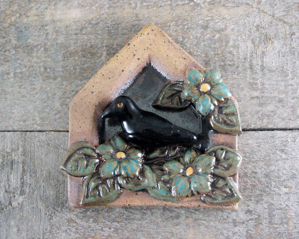 Raven Retablo Altar - Turquoise Flowers - Plaque - Wall Decor - Bas Relief Vignette - Black Bird - Home Decor - Art Sculpture