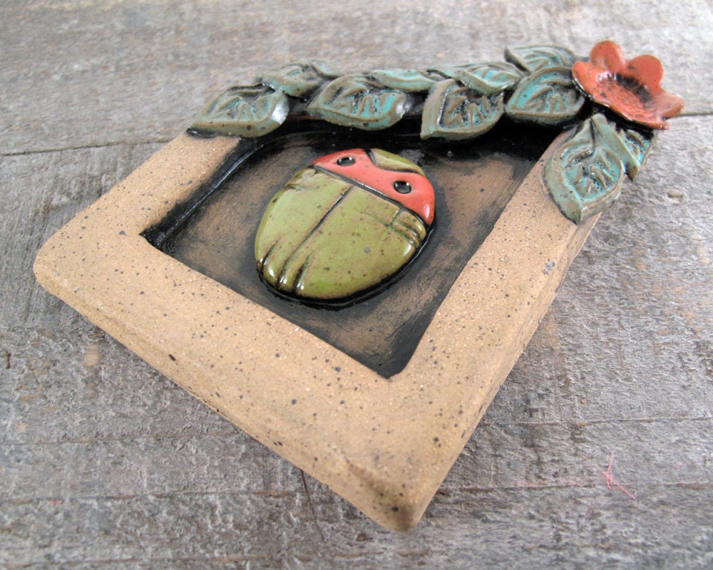 Scarab Retablo Altar - Lime Green and Red - Colorful Beetle - Bas Relief Plaque - Home Decor - Art Sculpture