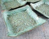 Sari Print Snack Plates - Set of Four - Handmade Pottery Square Bread Plates - Jade Green - Seafoam - SALE