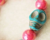 Pink and Blue Stretch Bead Skull Bracelet - Day Of The Dead