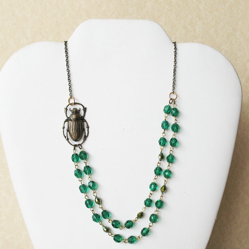 Emerald Green Beaded Scarab Necklace
