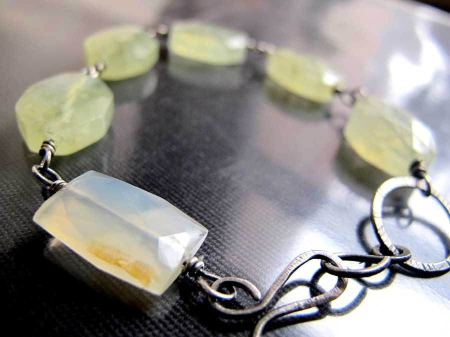 Green Rutilated Quartz and Chalcedony Gemstone Oxidized Sterling Silver Bracelet