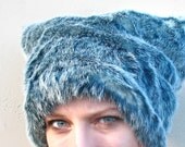 Grizzly Gray Blue faux fur hat fleece lined - Mens blue fur hat womens fuzzy fur hat ultramarine and white