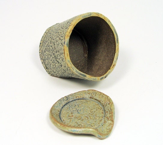Stoneware Salt Pig with Matching Spoon Rest in Cream and Gray