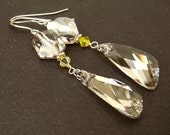 TOUCH OF SUN grey and yellow swarovski crystal bridal long drop earrings.  Vintage style.  Sterling silver.  Wedding jewelry.
