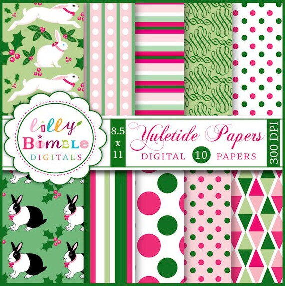 Christmas Digital Papers YULETIDE with rabbits, Letter Size Il_570xn