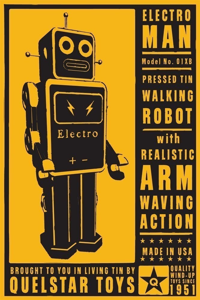 Retro Robot Art Print - ElectroMan Tin Toy Robot Box Art Print 8 in x 12 in - Land of Nod Robot Prints - Robot Wall Decor for Boys Room