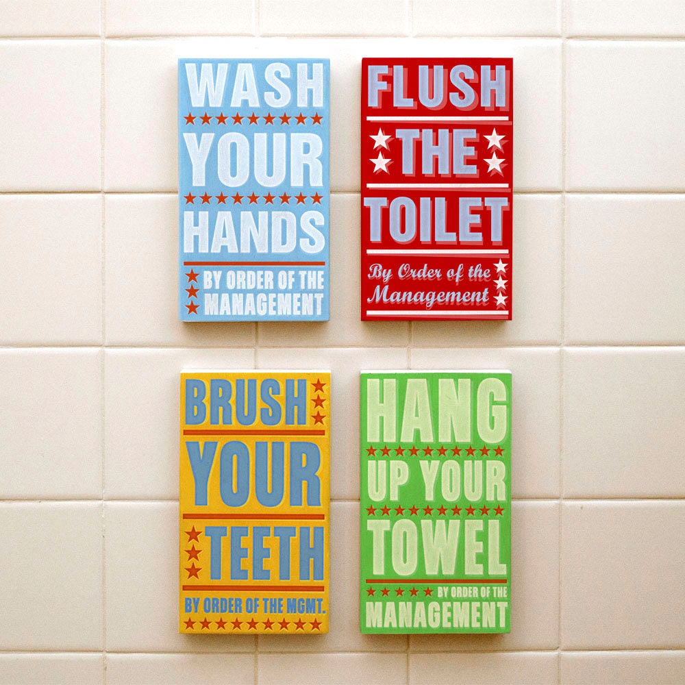Kids Room Art - Bathroom Decor Set By Order of the Management Word Art Blocks - Set of 4 - 4 in x 7 in Kids Wall Art - Bathroom Wall Art