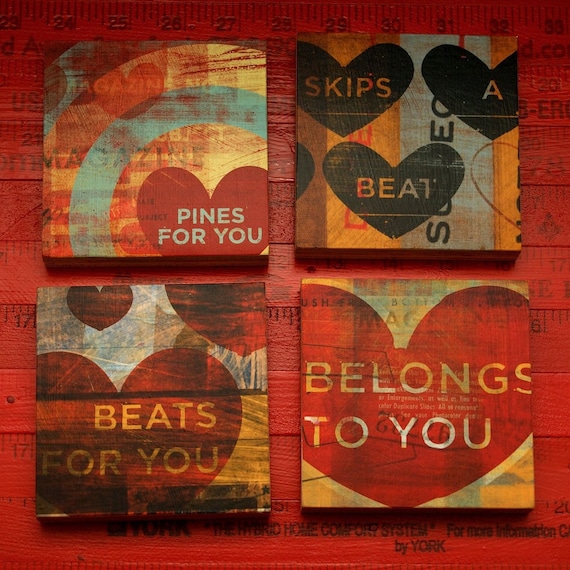 Fathers Day Gift for Husband Heart Art Collage Series Art Blocks - Set of 4 - 4 in x 4 in - Anniversary Gift - Gift for Wife