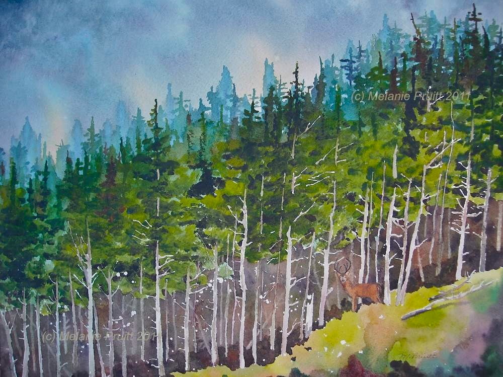 FRAMED Forest ORIGINAL Pacific Northwest Nature Wildlife Deer watercolor painting by Melanie Pruitt EBSQ Mat and Framed