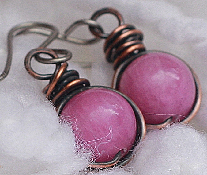 Copper  Earrings  Pink Earrings Antiqued Copper Jewelry