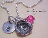 Hand Stamped Necklace - Personalized Jewelry - Hand Stamped Initial - Softball Baseball Charm Necklace - Sterling Silver Necklace